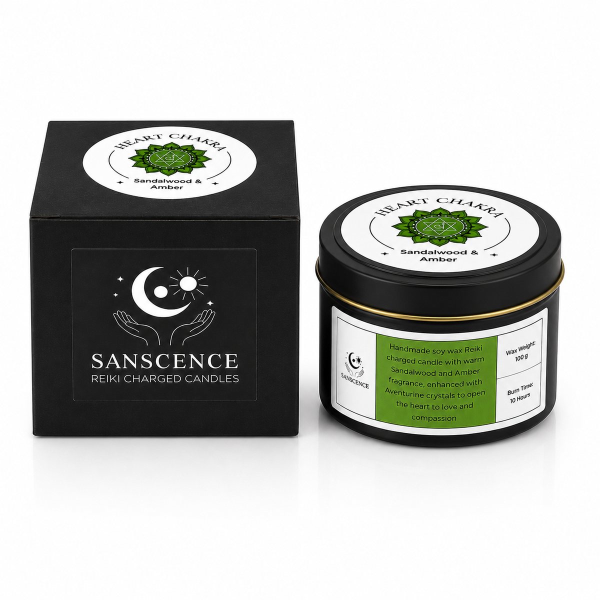 Heart Chakra Reiki Charged Tin Candle - Sandalwood, Amber & Aventurine