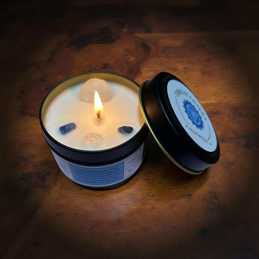 Throat Chakra Reiki Charged Tin Candle - Mountain Rain & Clear Quartz