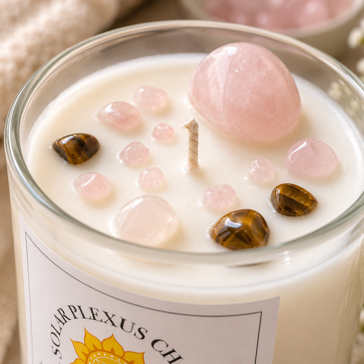 Solar Plexus Chakra Reiki Charged Glass Jar Candle - Honeysuckle & Rose Quartz