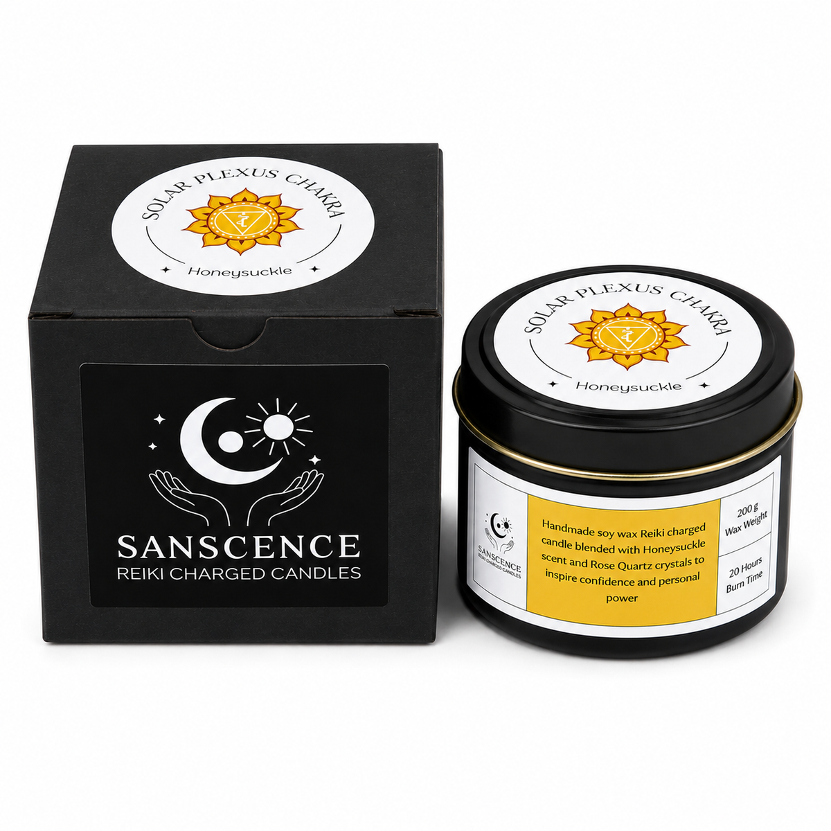 Solar plexus chakra 200g soy tin candle with rose quartz crystals, detail view – solar plexus chakra candle 200g by Sanscence