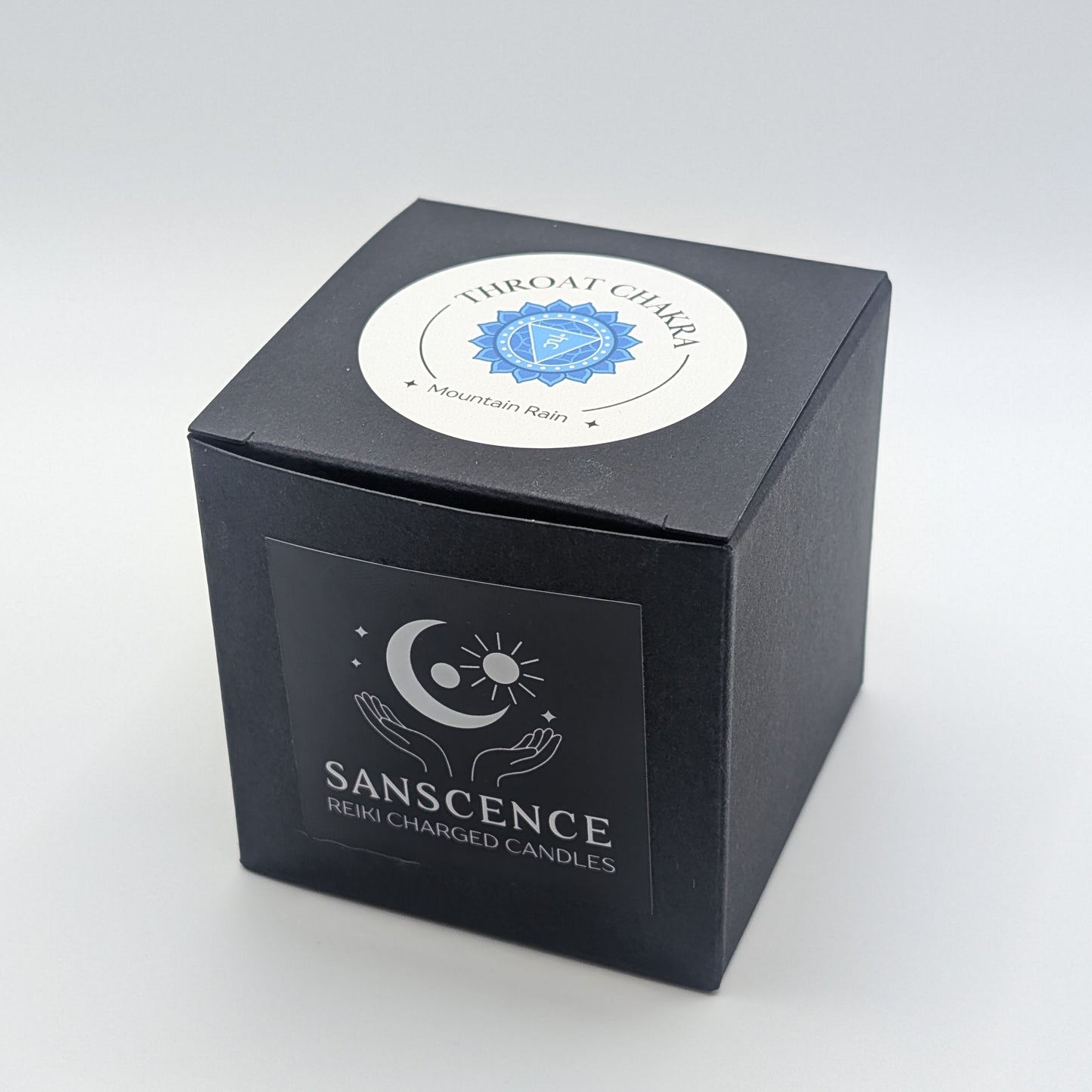 Throat Chakra Reiki Charged Tin Candle - Mountain Rain & Clear Quartz