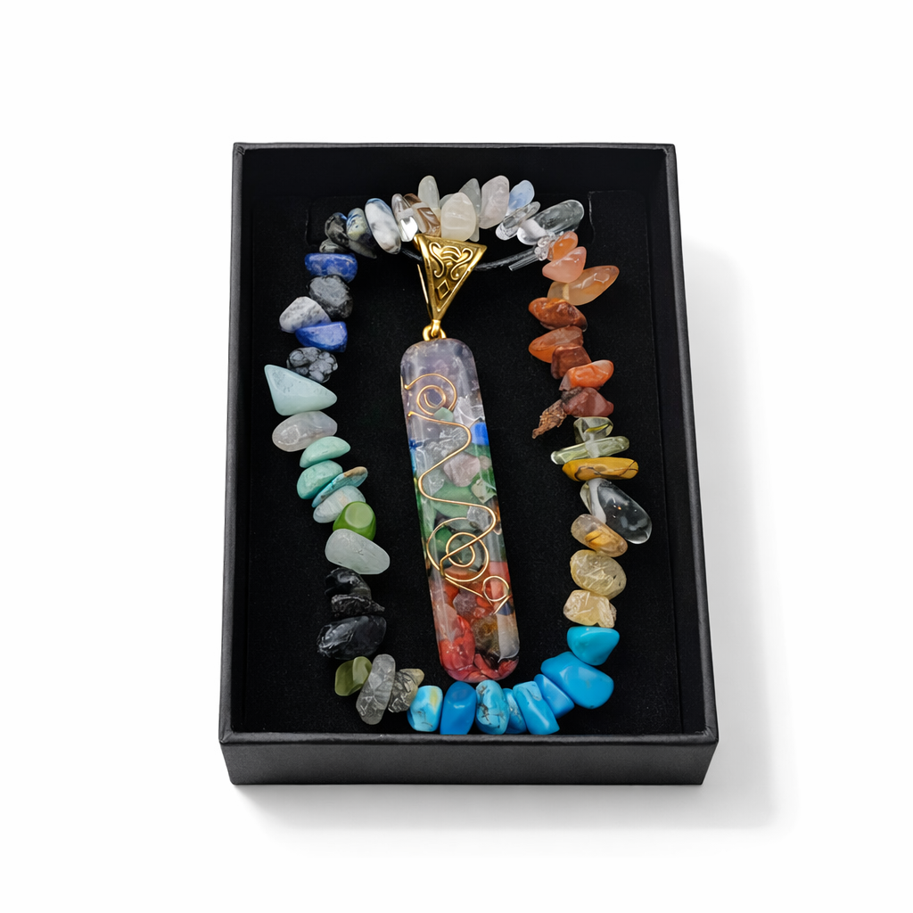 Colorful beaded necklace with a pendant in a black box on a white background