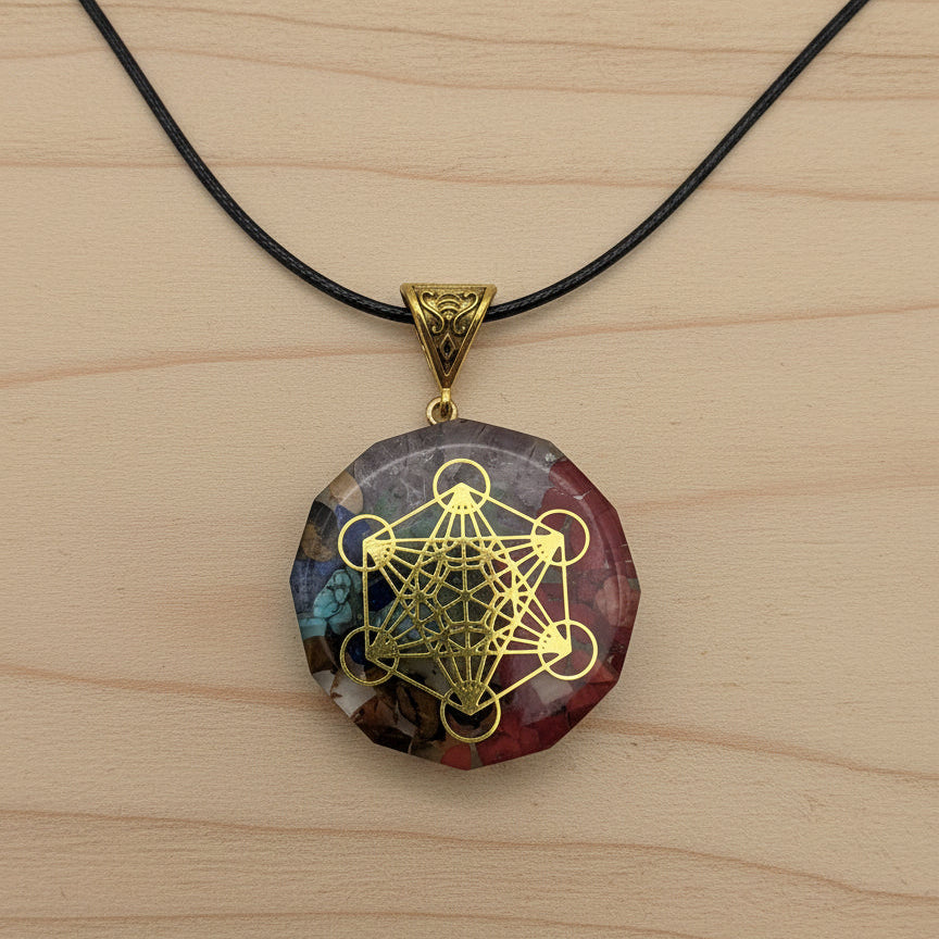 Necklace with a multicolored pendant featuring gold geometric design on a gray background