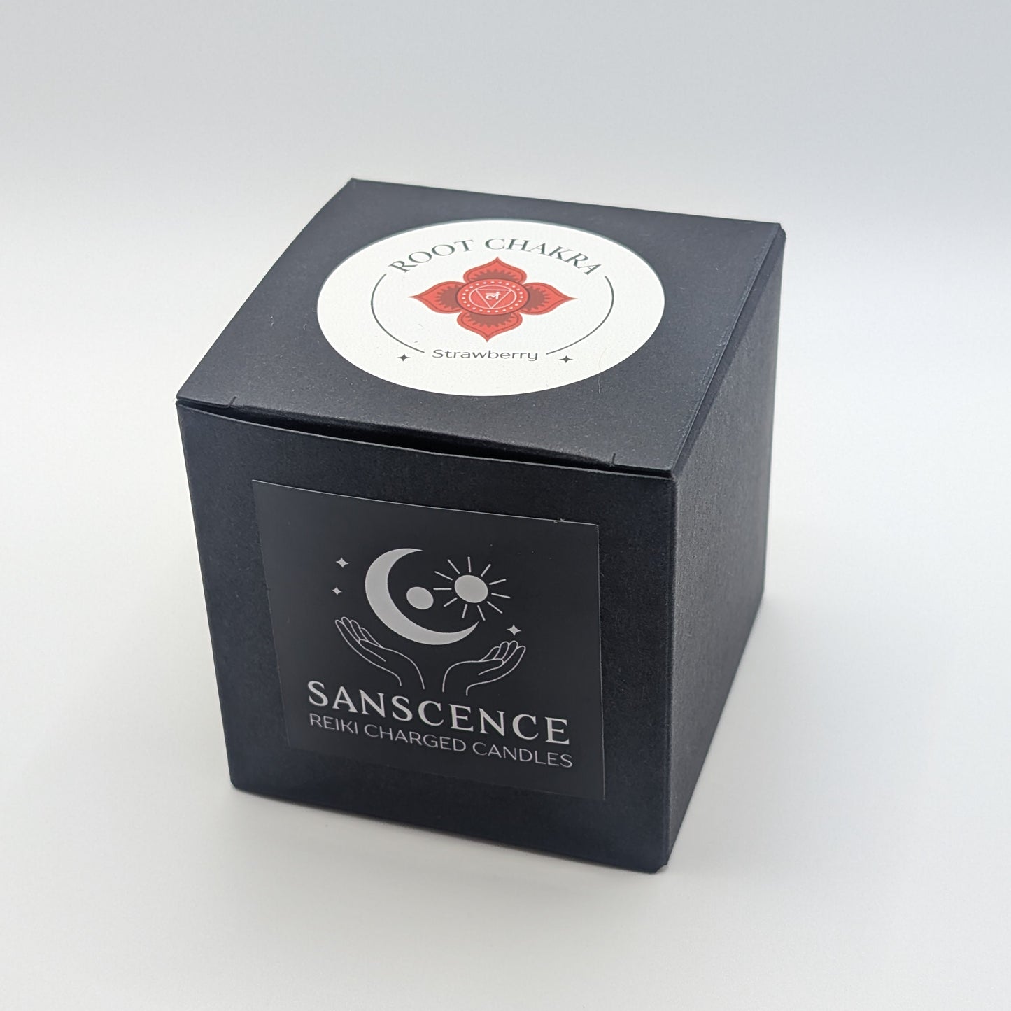 Black candle box with 'Sanscence' branding on a white background