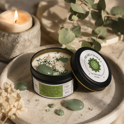 Heart Chakra Reiki Charged Tin Candle - Sandalwood, Amber & Aventurine