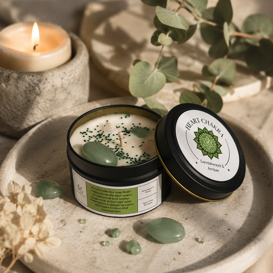 Heart Chakra Reiki Charged Tin Candle - Sandalwood, Amber & Aventurine