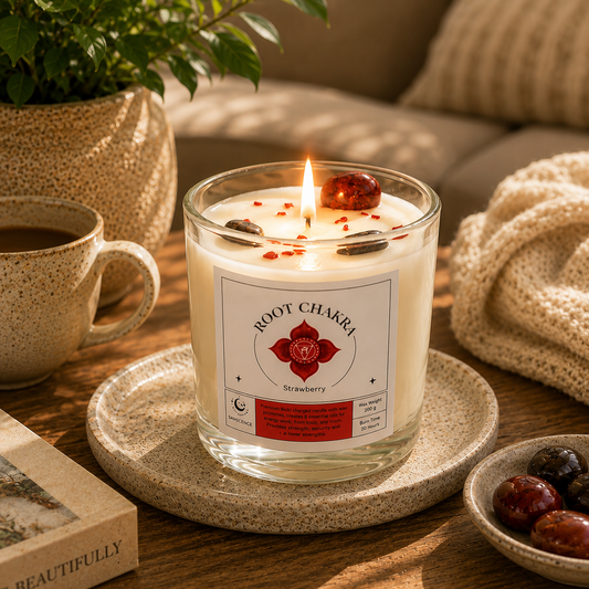 Root Chakra Reiki Charged Glass Jar Candle - Strawberry & Red Jasper