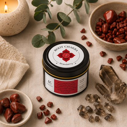 Root Chakra Reiki Charged Tin Candle - Strawberry & Red Jasper