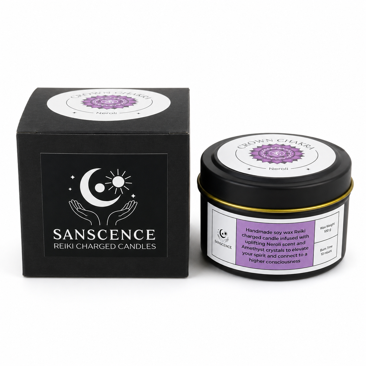 Crown Chakra Reiki Charged Tin Candle - Neroli & Amethyst