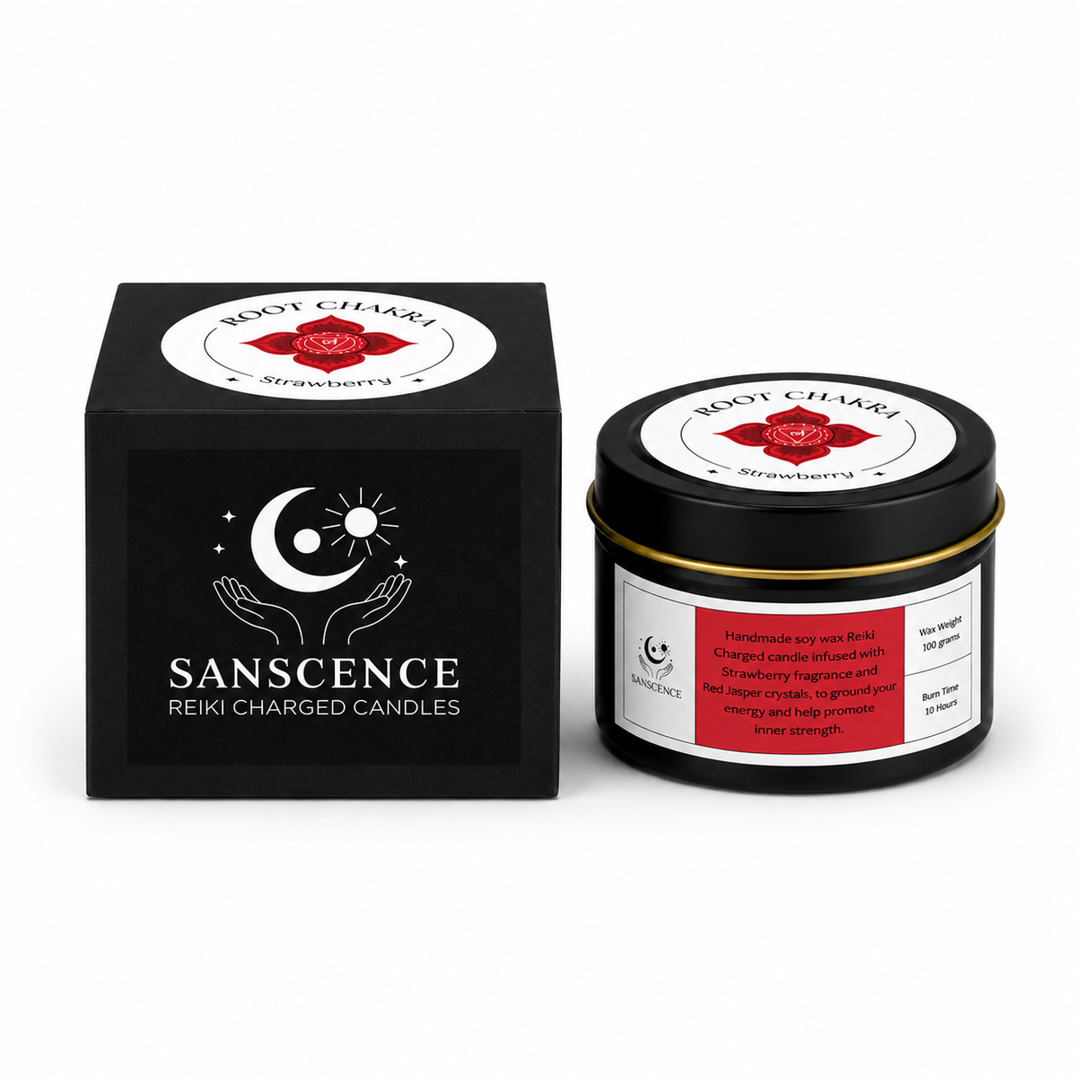 Root Chakra Reiki Charged Tin Candle - Strawberry & Red Jasper