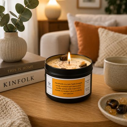 Sacral chakra 200g soy tin candle with tiger's eye crystals, honey and vanilla scented Reiki charged candle for passion