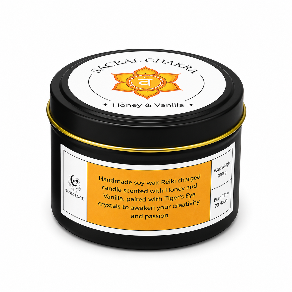 Sacral chakra 200g soy tin candle with tiger's eye crystals, alternate view – sacral chakra candle 200g by Sanscence