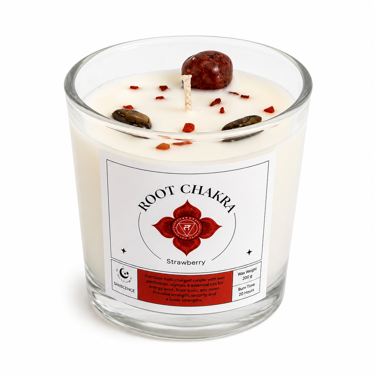 Root Chakra Reiki Charged Glass Jar Candle - Strawberry & Red Jasper