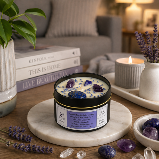 Third Eye Chakra Reiki Charged Tin Candle - Jasmine & Lapis Lazuli