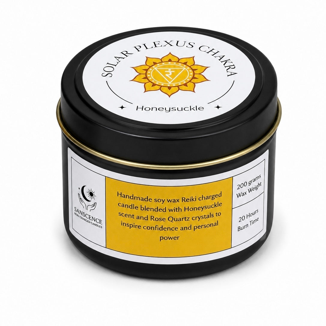 Solar plexus chakra 200g soy tin candle with rose quartz crystals, alternate view – solar plexus chakra candle 200g
