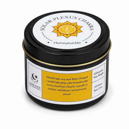 Solar plexus chakra 200g soy tin candle with rose quartz crystals, alternate view – solar plexus chakra candle 200g