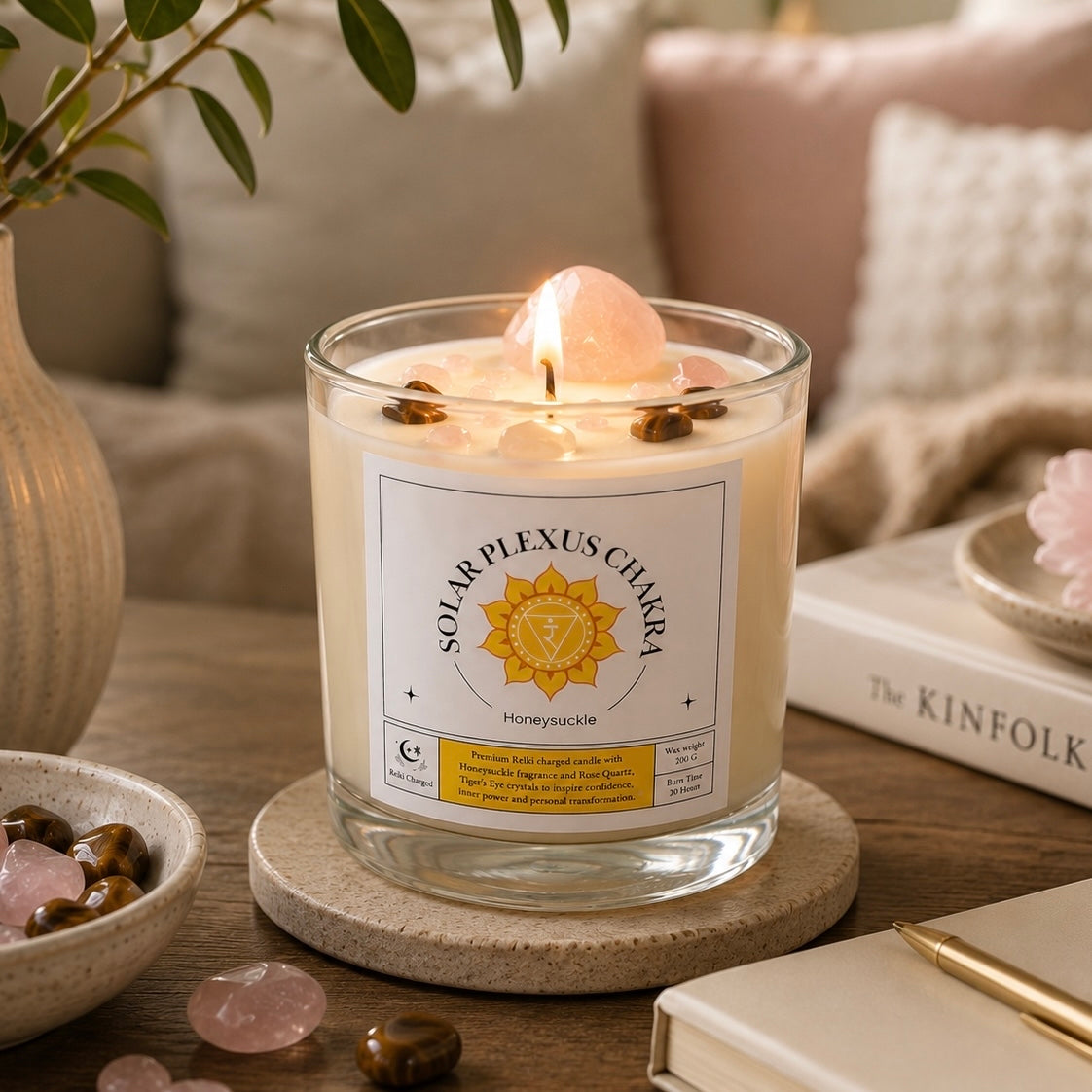 Solar Plexus Chakra Reiki Charged Glass Jar Candle - Honeysuckle & Rose Quartz