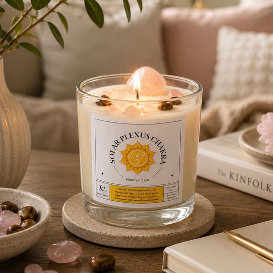 Solar Plexus Chakra Reiki Charged Glass Jar Candle - Honeysuckle & Rose Quartz