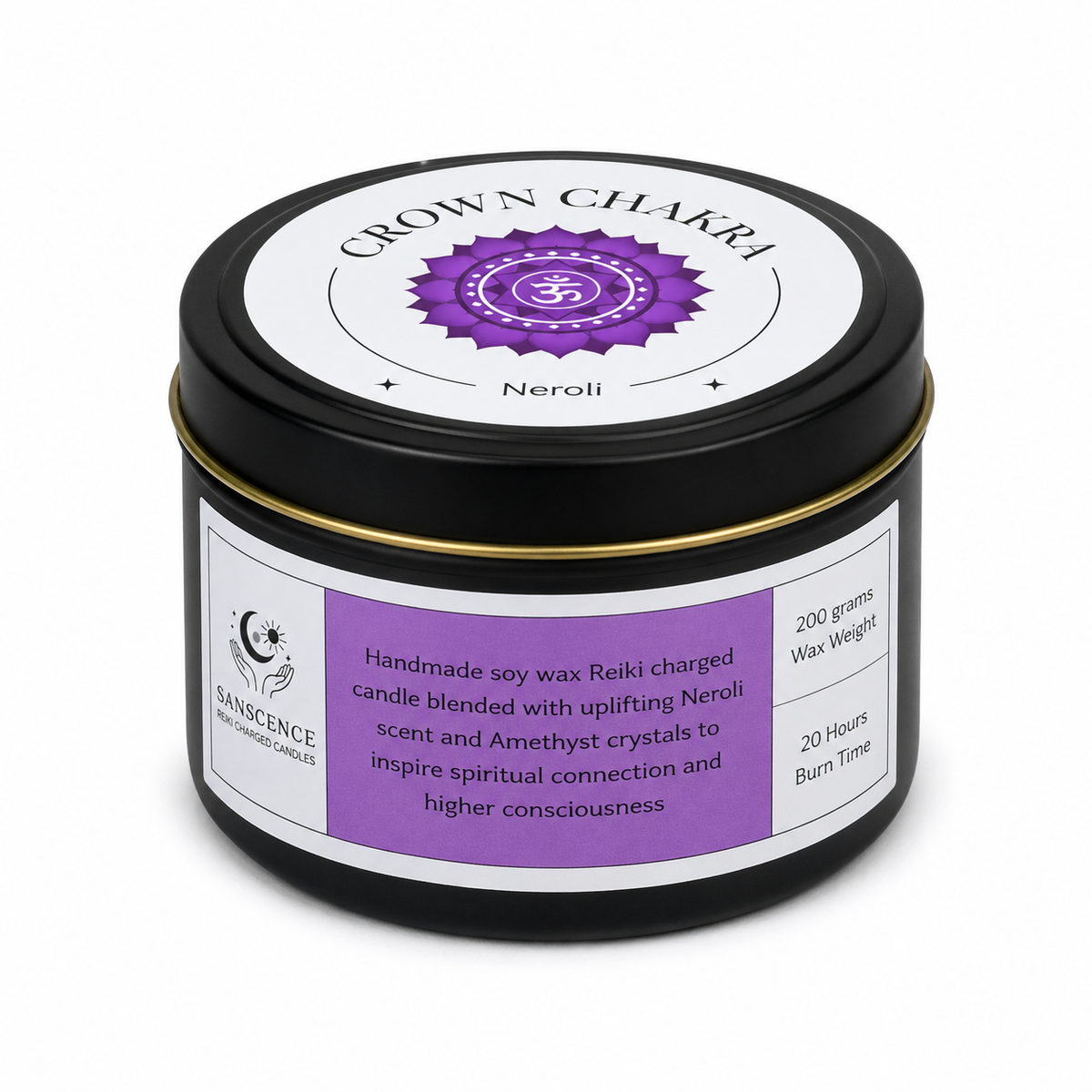 Crown Chakra Tin Candle - 200g - Neroli & Amethyst