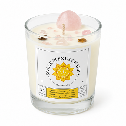 Solar Plexus Chakra Reiki Charged Glass Jar Candle - Honeysuckle & Rose Quartz