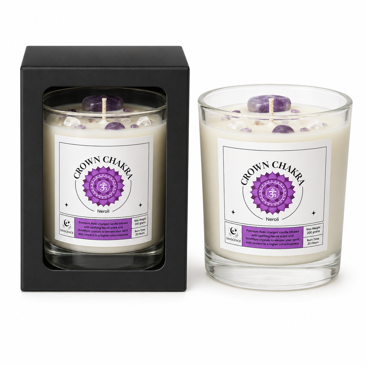 Crown Chakra Reiki Charged Glass Jar Candle - Neroli & Amethyst