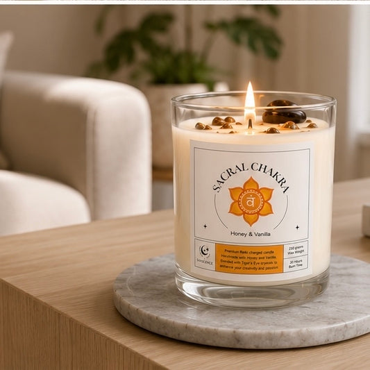 Sacral Chakra Reiki Charged Glass Jar Candle - Honey, Vanilla & Tiger's Eye