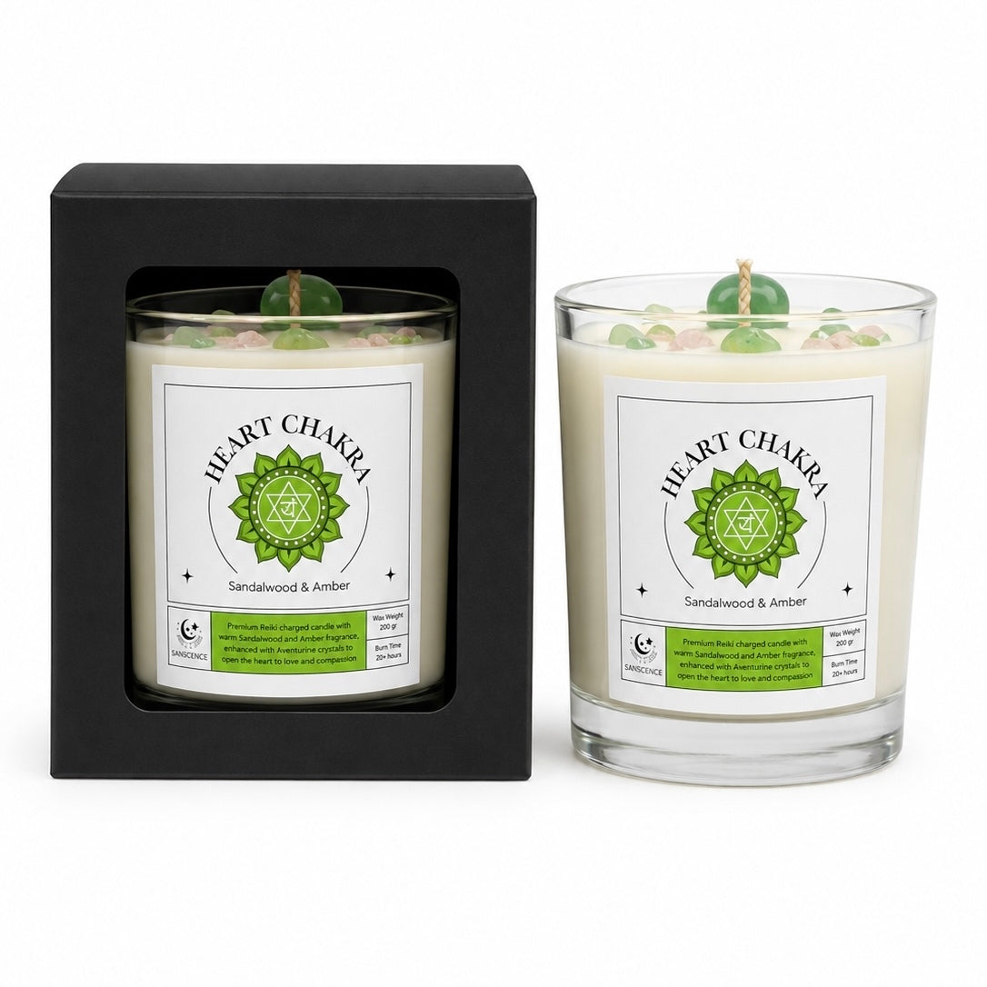 Heart Chakra Reiki Charged Glass Jar Candle - Sandalwood, Amber & Aventurine