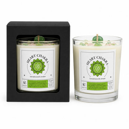 Heart Chakra Reiki Charged Glass Jar Candle - Sandalwood, Amber & Aventurine