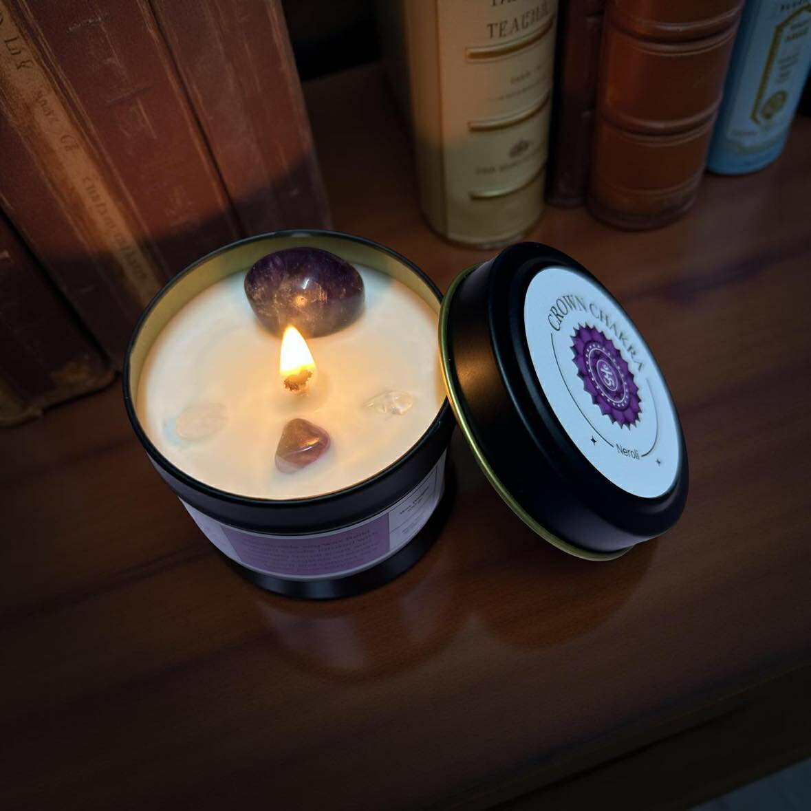 Crown Chakra Reiki Charged Tin Candle - Neroli & Amethyst