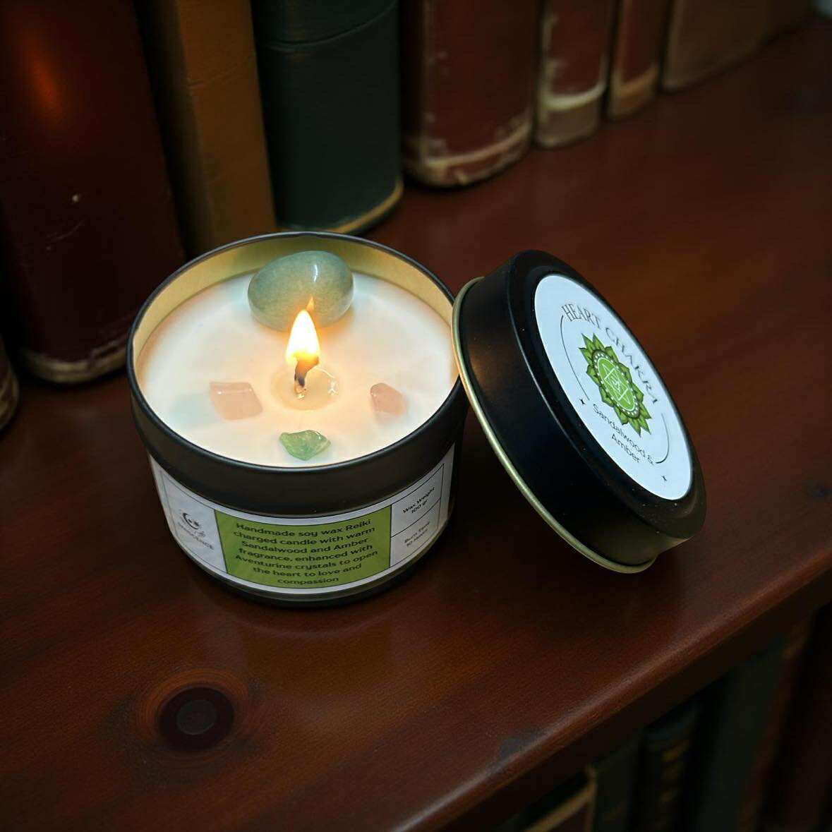 Heart Chakra Reiki Charged Tin Candle - Sandalwood, Amber & Aventurine