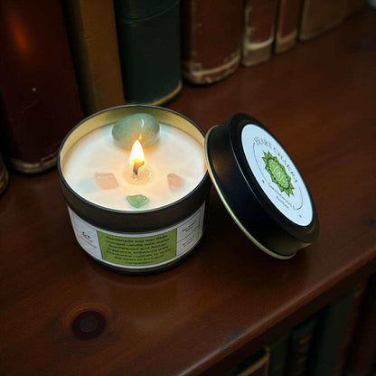 Heart Chakra Reiki Charged Tin Candle - Sandalwood, Amber & Aventurine