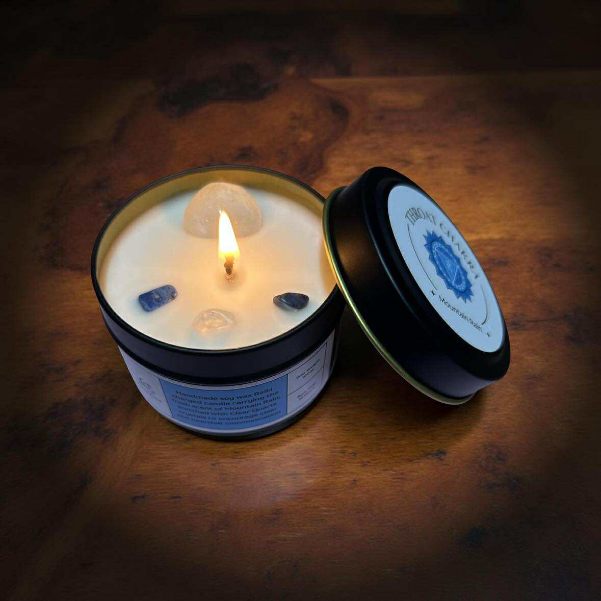 Throat Chakra Reiki Charged Tin Candle - Mountain Rain & Clear Quartz