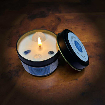 Throat Chakra Reiki Charged Tin Candle - Mountain Rain & Clear Quartz