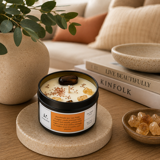 Sacral Chakra Reiki Charged Tin Candle - Honey, Vanilla & Tiger's Eye
