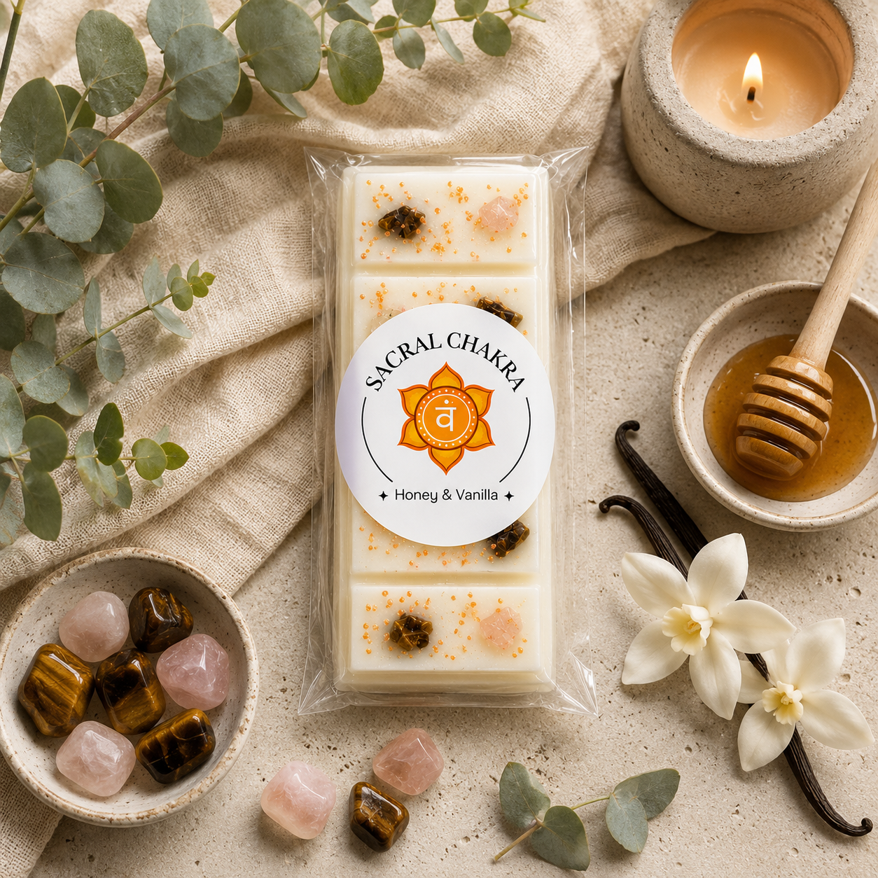 Sacral Chakra Reiki Charged Wax Melt - Honey, Vanilla & Tiger's Eye