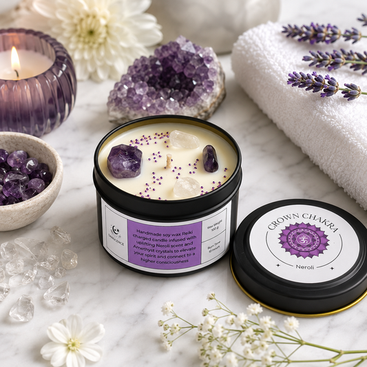 Crown Chakra Reiki Charged Tin Candle - Neroli & Amethyst