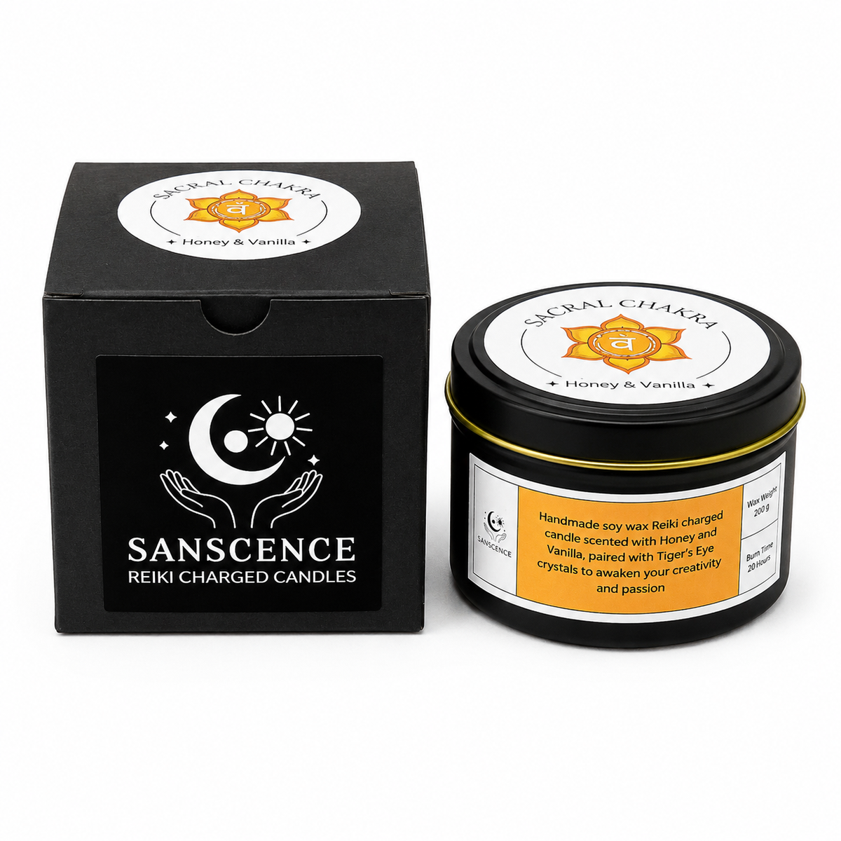 Sacral chakra 200g soy tin candle with tiger's eye crystals, detail view – sacral chakra candle 200g by Sanscence