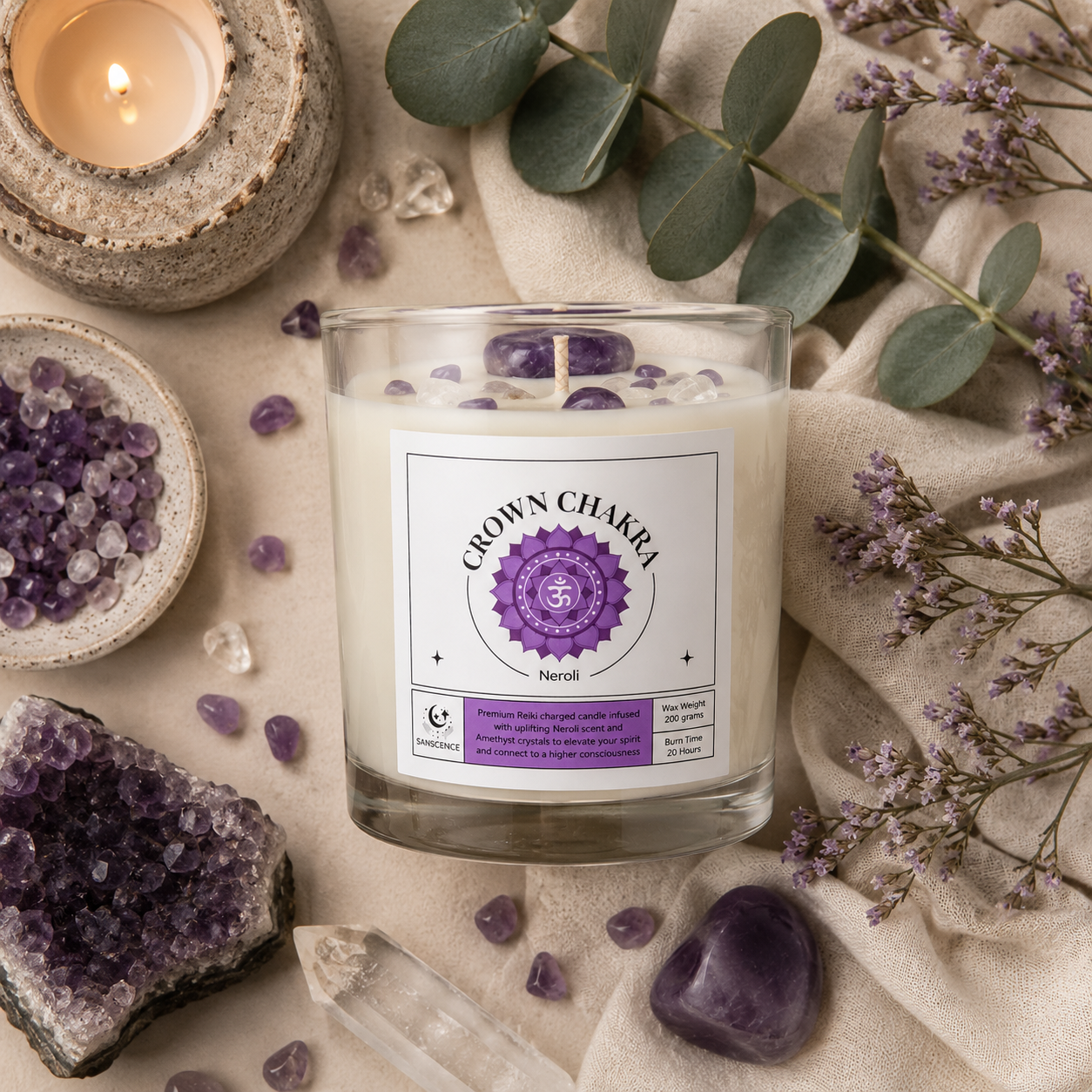 Crown Chakra Reiki Charged Glass Jar Candle - Neroli & Amethyst