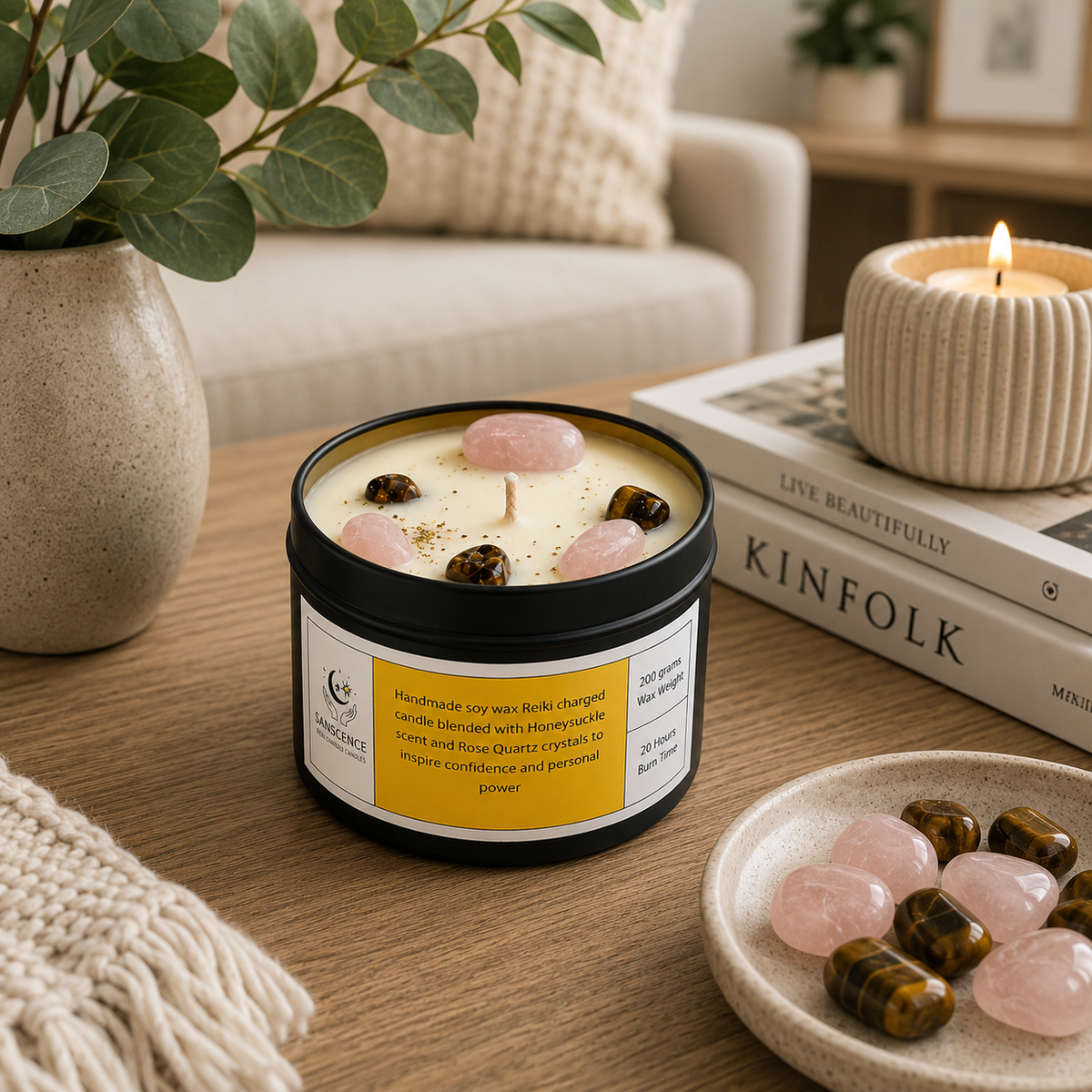 Solar plexus chakra 200g soy tin candle with rose quartz crystals, honeysuckle scented Reiki charged candle