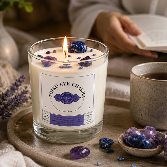 Third Eye Chakra Reiki Charged Glass jar Candle - Jasmine & Lapis Lazuli