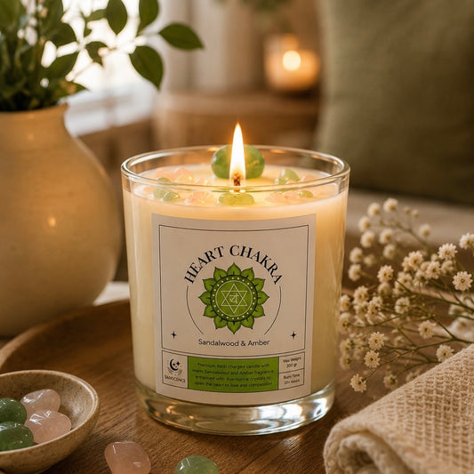 Heart Chakra Reiki Charged Glass Jar Candle - Sandalwood, Amber & Aventurine