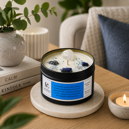 Throat Chakra Reiki Charged Tin Candle - Mountain Rain & Clear Quartz