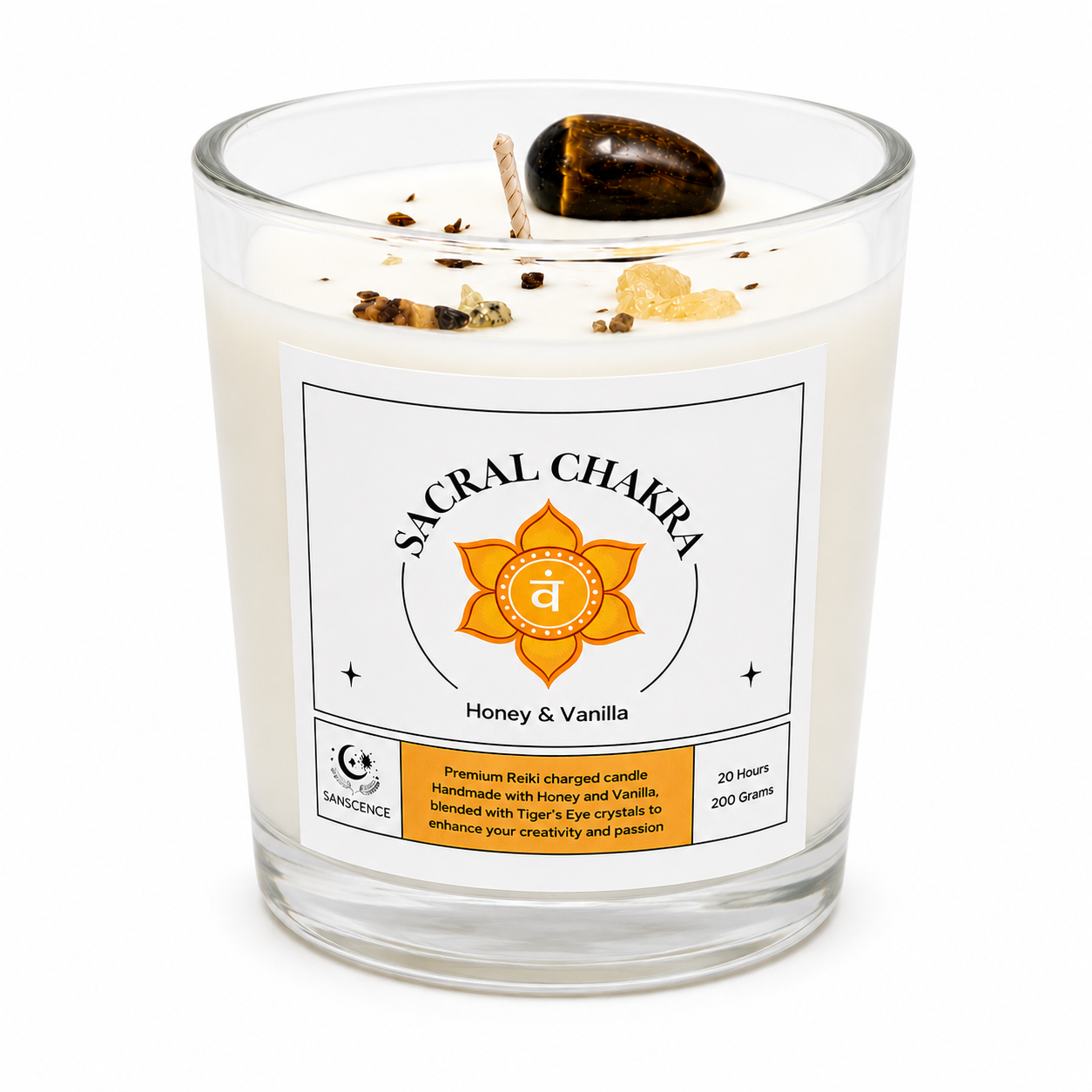 Sacral Chakra Reiki Charged Glass Jar Candle - Honey, Vanilla & Tiger's Eye