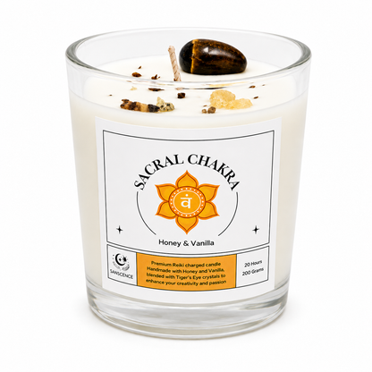 Sacral Chakra Reiki Charged Glass Jar Candle - Honey, Vanilla & Tiger's Eye
