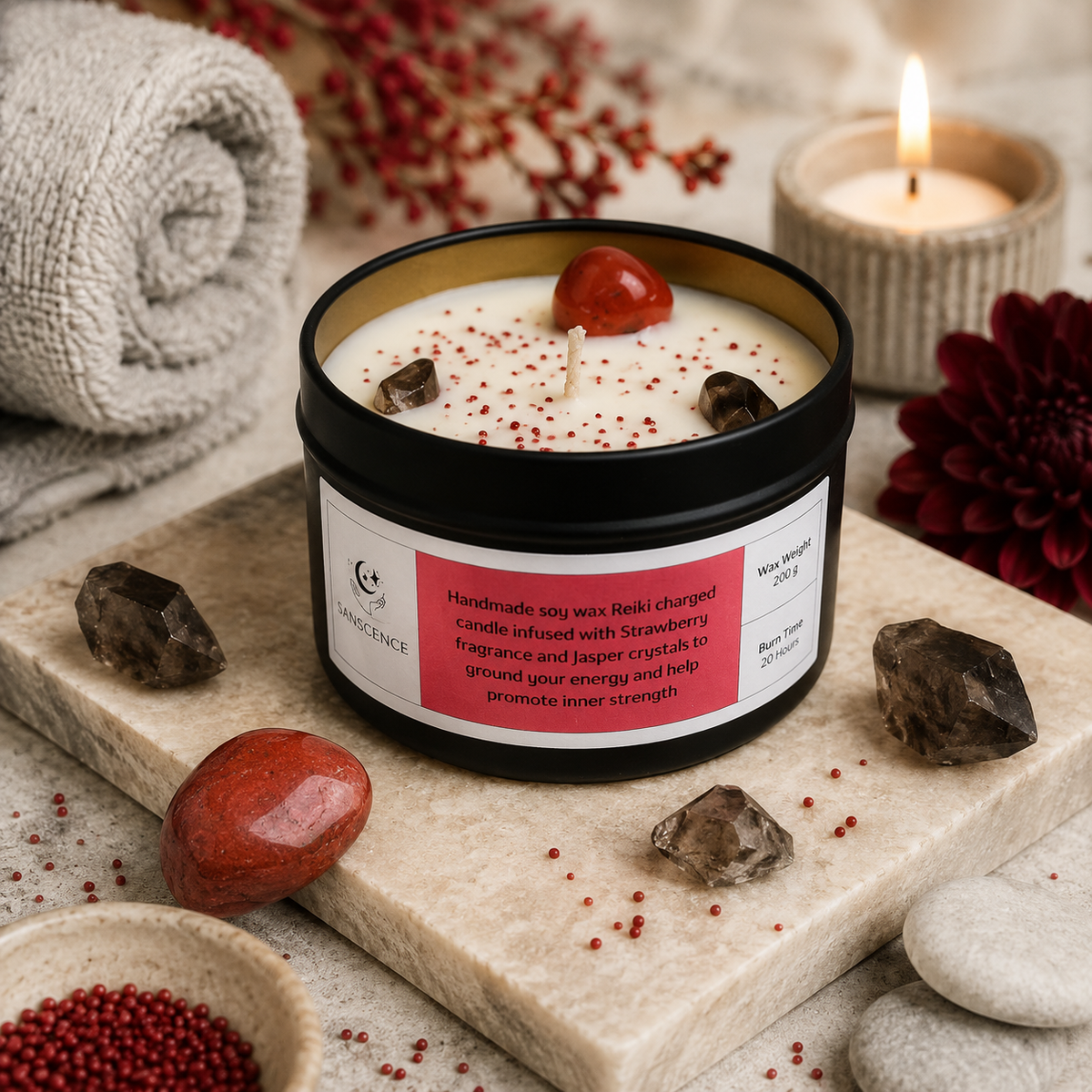 Root Chakra Tin Candle - 200g - Strawberry & Red Jasper