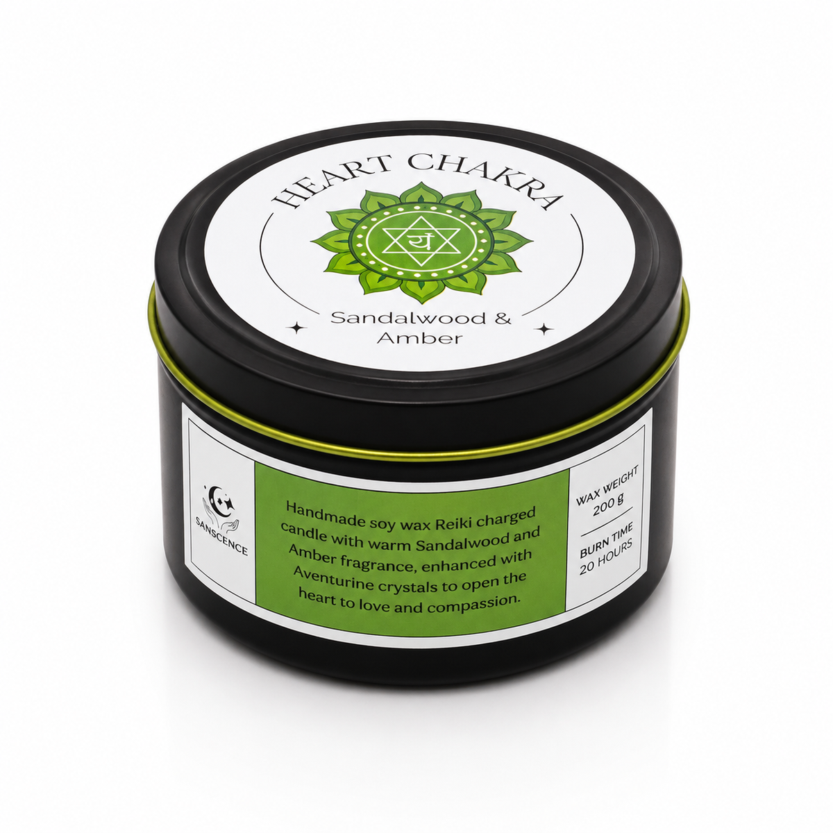 Heart Chakra Tin Candle - 200g - Sandalwood, Amber & Aventurine