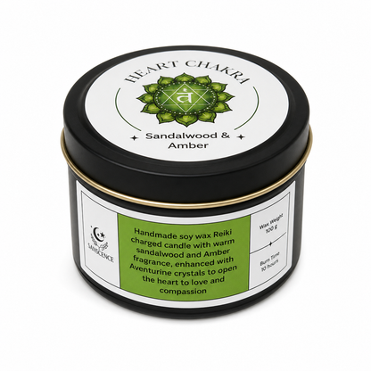 Heart Chakra Reiki Charged Tin Candle - Sandalwood, Amber & Aventurine