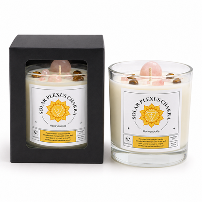 Solar Plexus Chakra Reiki Charged Glass Jar Candle - Honeysuckle & Rose Quartz