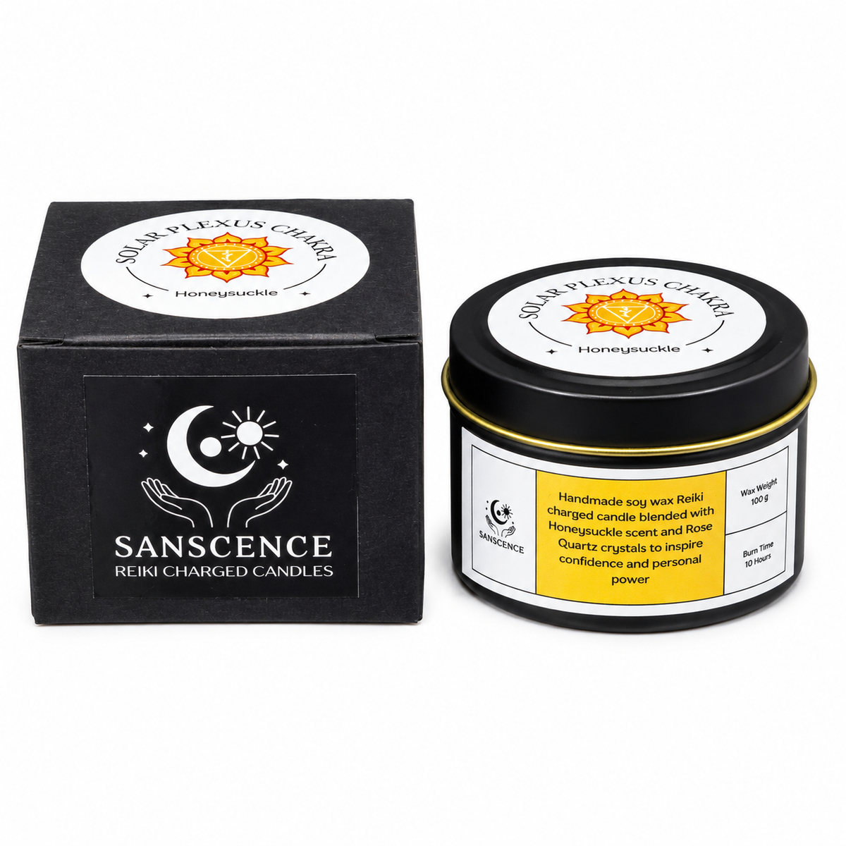 Solar Plexus Chakra Reiki Charged Tin Candle - Honeysuckle & Rose Quartz
