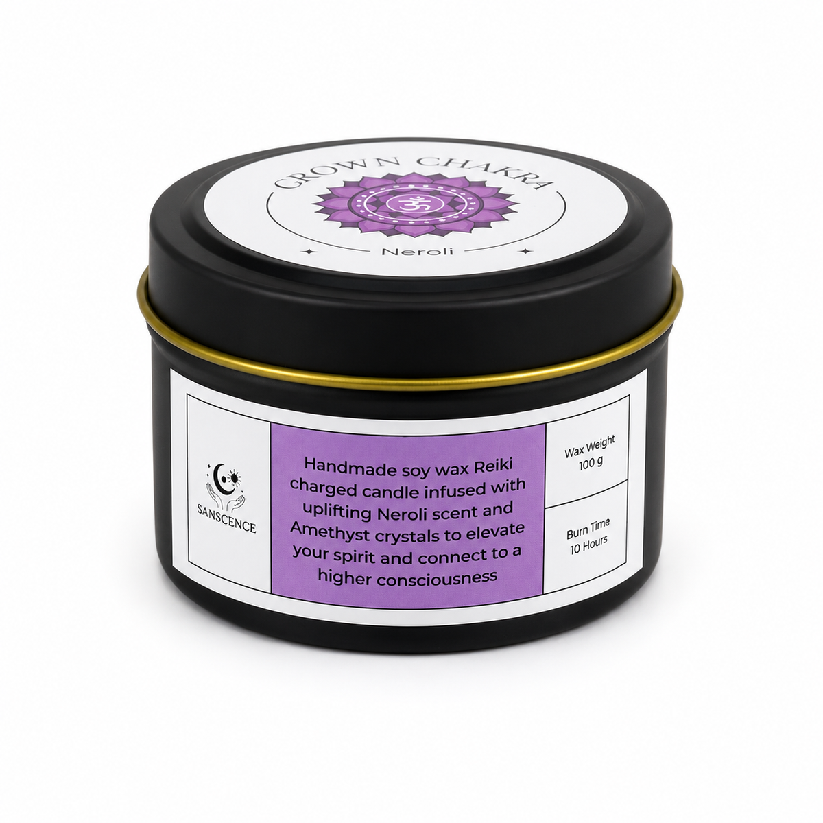 Crown Chakra Reiki Charged Tin Candle - Neroli & Amethyst